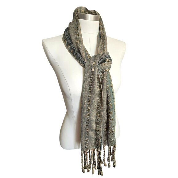 Handwoven Scarf Metallic Accent Fringe Green Gold and Black 72" CM2005 - Picture 2 of 7